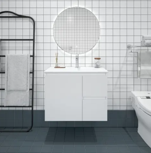 Bianca 750mm MDF Wall Hung Vanity (RHD) Gloss White with Ceramic Top