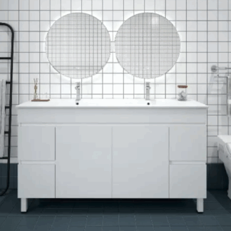 Bianca PVC 150cm Floor Standing Vanity Cabinet Gloss White with Double Bowl Basins