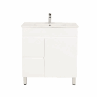 Bianca PVC 75cm Floor Standing Vanity Cabinet (LHD) Gloss White with Ceramic Top