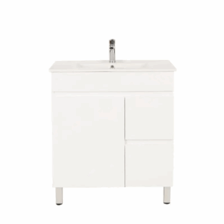 Bianca PVC 75cm Floor Standing Vanity Cabinet (RHD) Gloss White with Ceramic Top