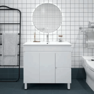 Bianca PVC 90cm Floor Standing Vanity Cabinet (RHD) Gloss White with Ceramic Top