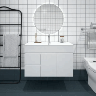 Bianca PVC 90cm Wall Hung Vanity Cabinet (LHD) Gloss White with Ceramic Top