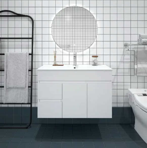 Bianca PVC 90cm Wall Hung Vanity Cabinet (LHD) Gloss White with Ceramic Top