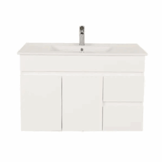 Bianca PVC 90cm Wall Hung Vanity Cabinet (RHD) Gloss White with Ceramic Top