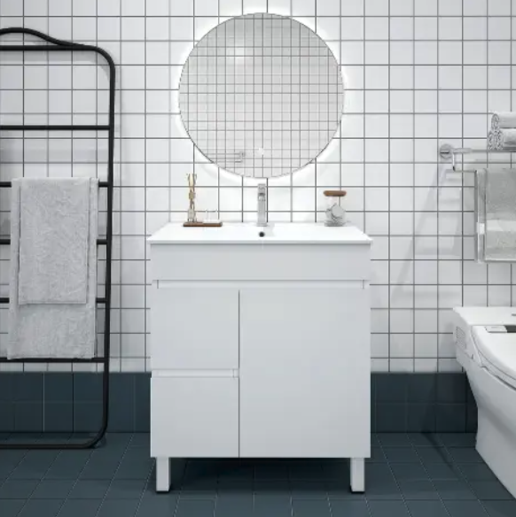 Bianca Slim PVC 75cm Floor Standing Vanity (LHD) Gloss White with Ceramic Top