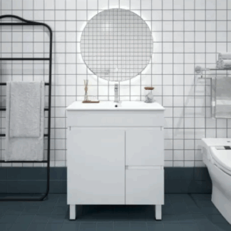 Bianca Slim PVC 75cm Floor Standing Vanity (RHD) Gloss White with Ceramic Top