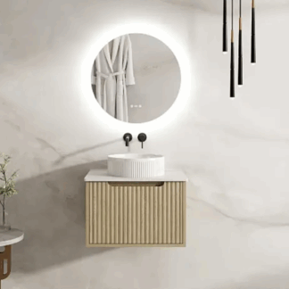 Rhea 600mm Fluted Wall Hung Vanity Natural Oak with Stone Top (no basin)