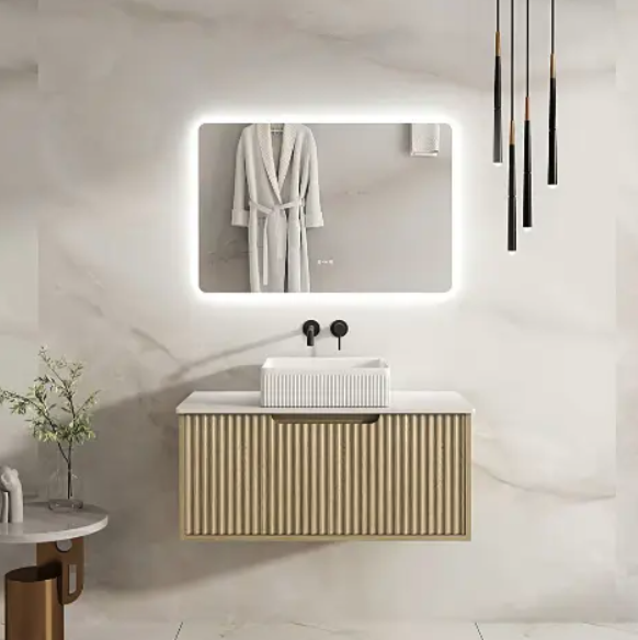 Rhea 900mm Fluted Wall Hung Vanity Natural Oak with Stone Top (no basin)
