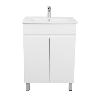 Bianca Slim PVC 60cm Floor Standing Vanity Gloss White with Ceramic Top